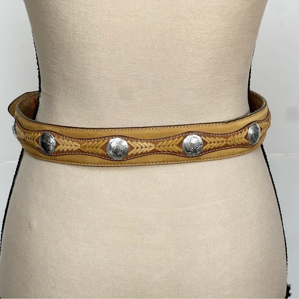Tony Lama TwoTone Leather Silver Tone Concho Braided Accent Western Belt size 30
